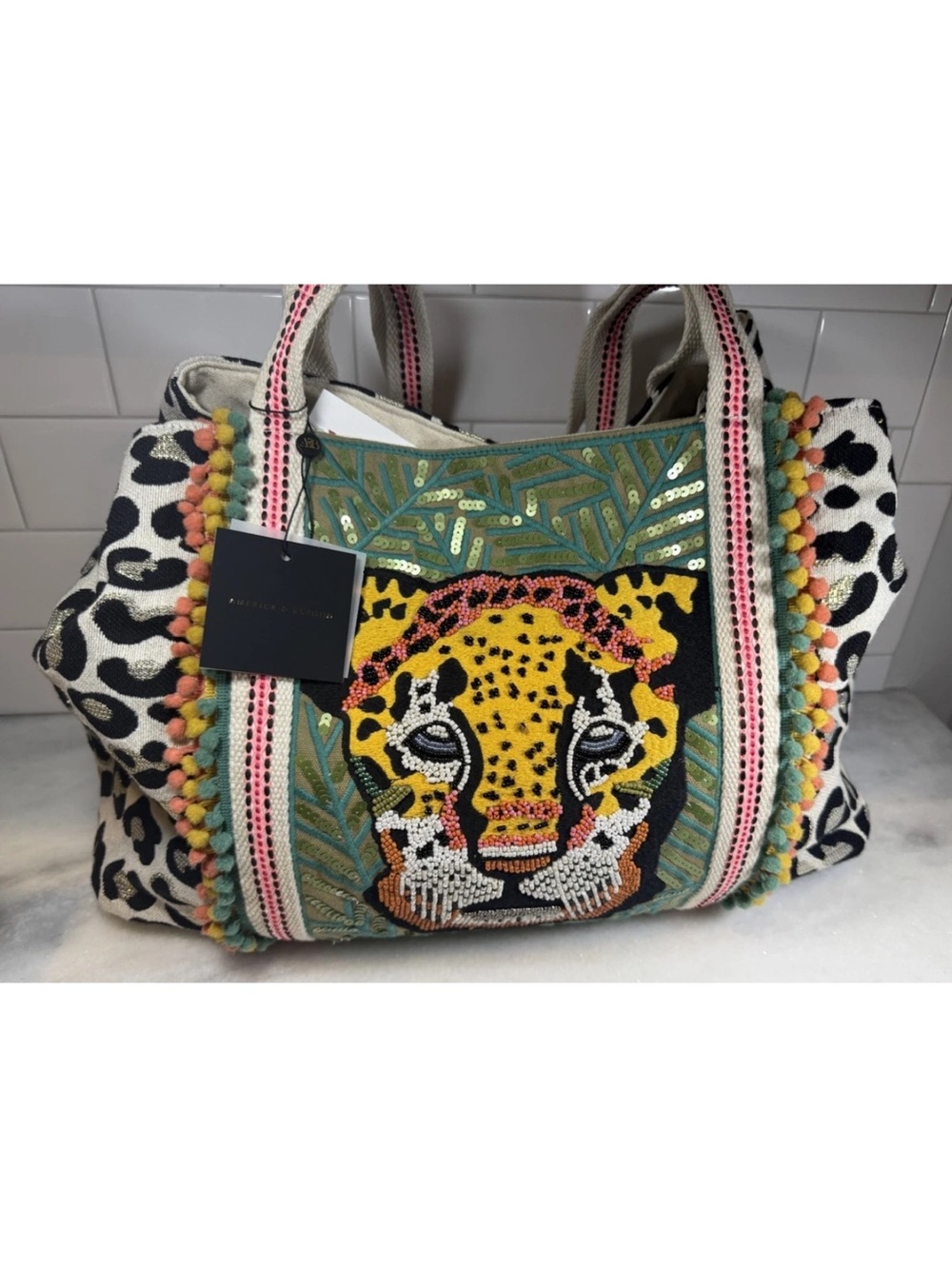 AMERICA AND BEYOND FORESTRY LEOPARD BEADED CANVAS TOTE NWT